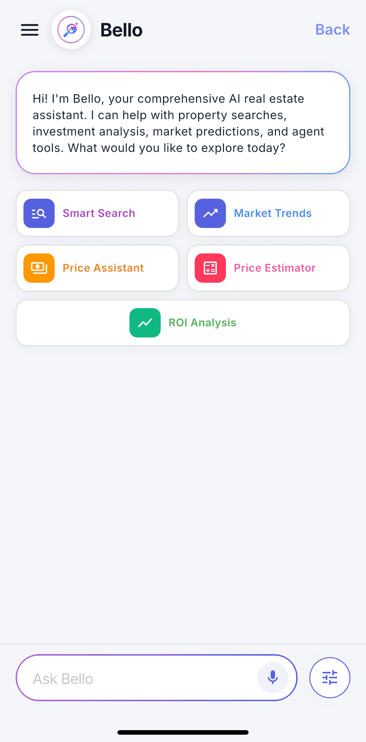 The Ask Bello screen in the Bellokey app — chat with Bello for smart search, market trends, price estimates, and ROI analysis